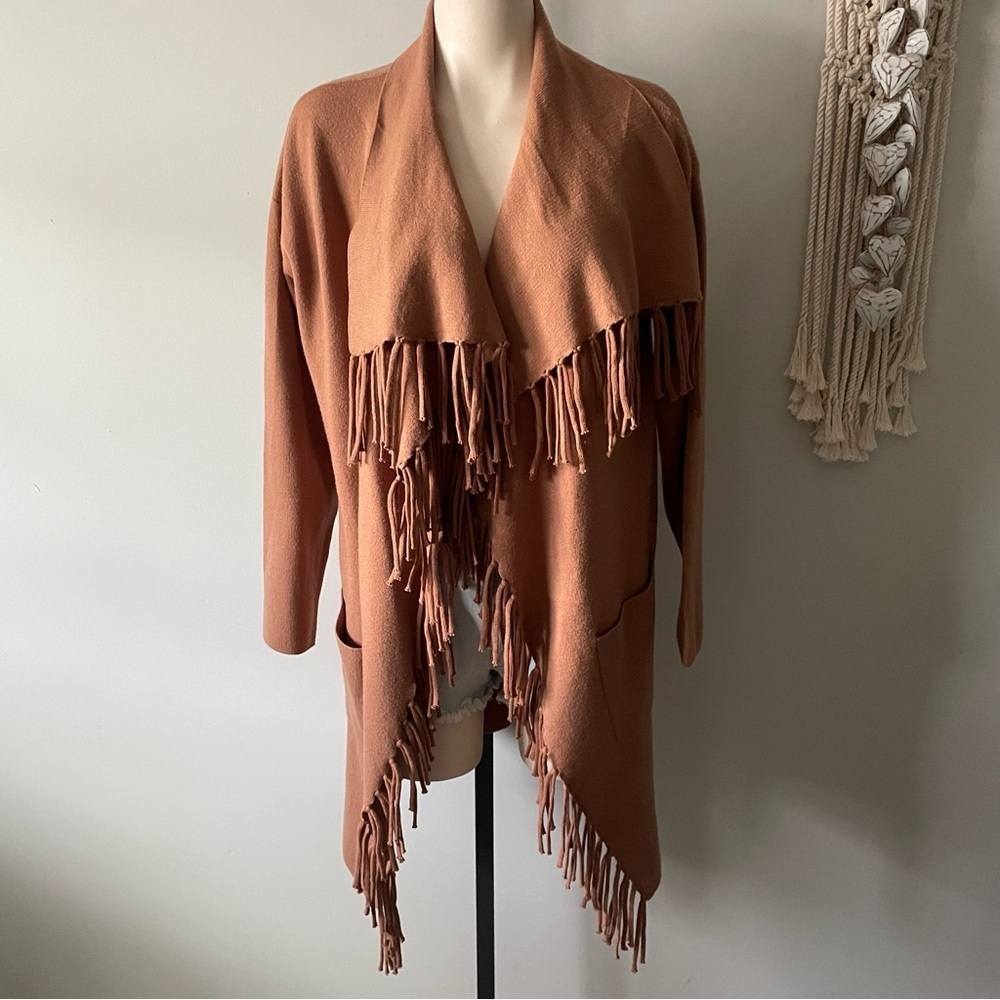 Eva & Paige Fringe Open Front Boho Knit Cardigan Long Terracotta Size Large